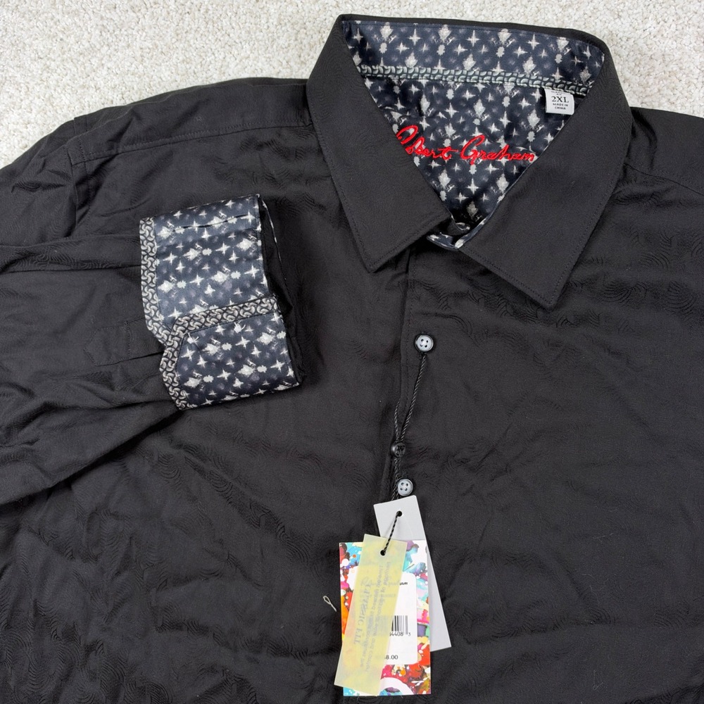 NEW Robert Graham Button Down Men 2XL Black Atlas Jacquard Stretch